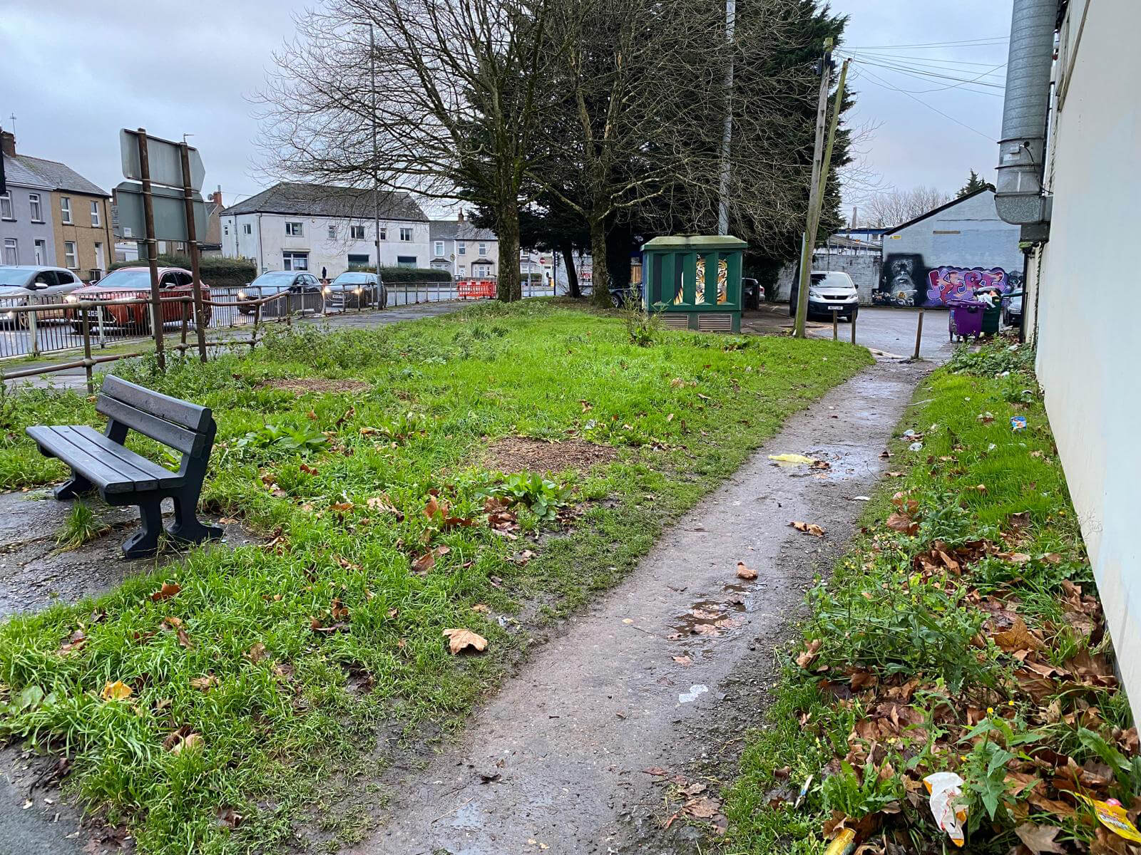 Before image of the main pedestrian route on the Greening Maindee Gateway garden in Newport