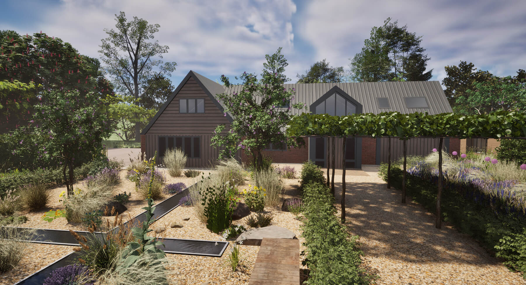 The Modern Lodge House Garden, a modern lodge house garden in Oxfordshire designed for family living. Designed by April House – Award Winning Cotswolds Garden Design