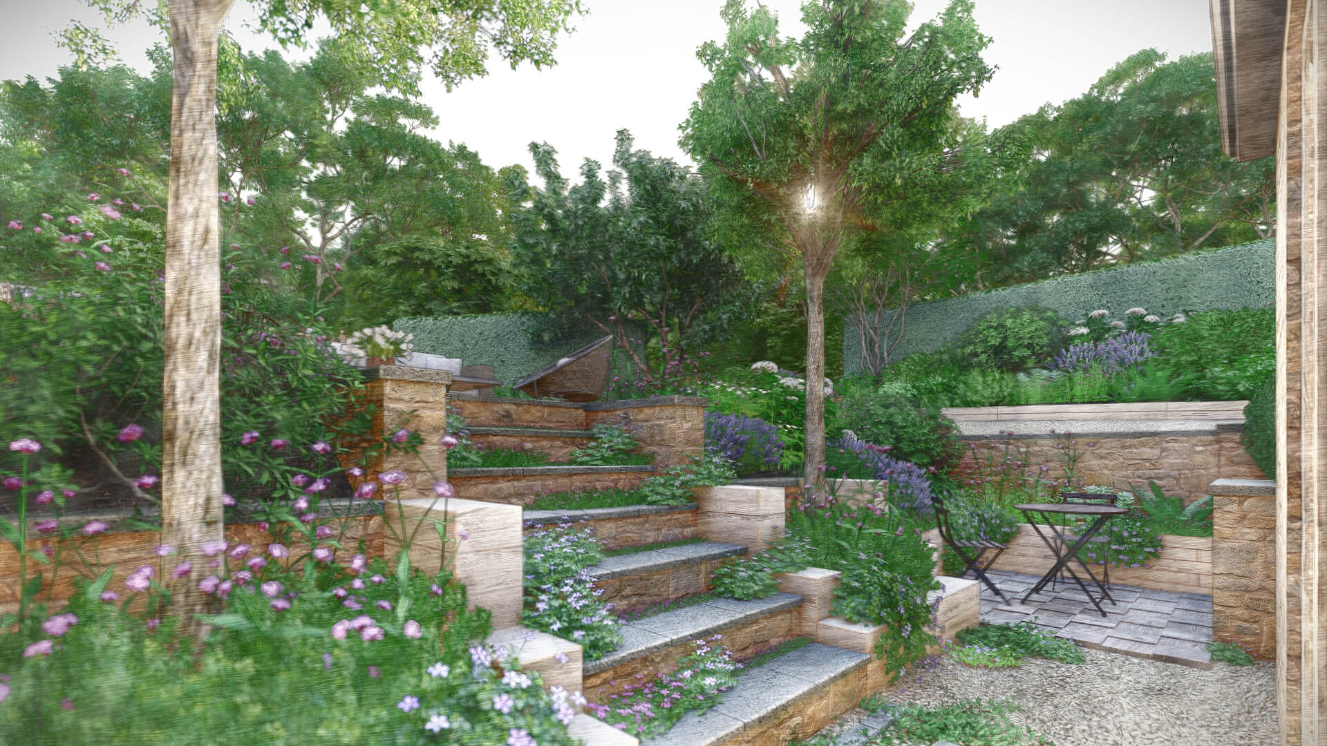 The Terraced Garden, a terraced garden with timber and stone retaining walls, planting and a small seating area leading from a garden room. Designed by April House – Award Winning Cotswolds Garden Design